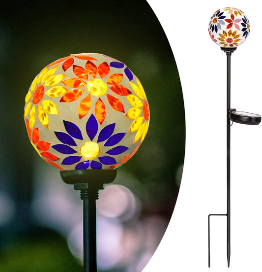 Afirst Solar Lights Outdoor Decorative - Solar Gazing Ball Mosaic Garden Stakes Flower Decorative Lights Waterproof for Pathway Yard Lawn Decoration Orange
