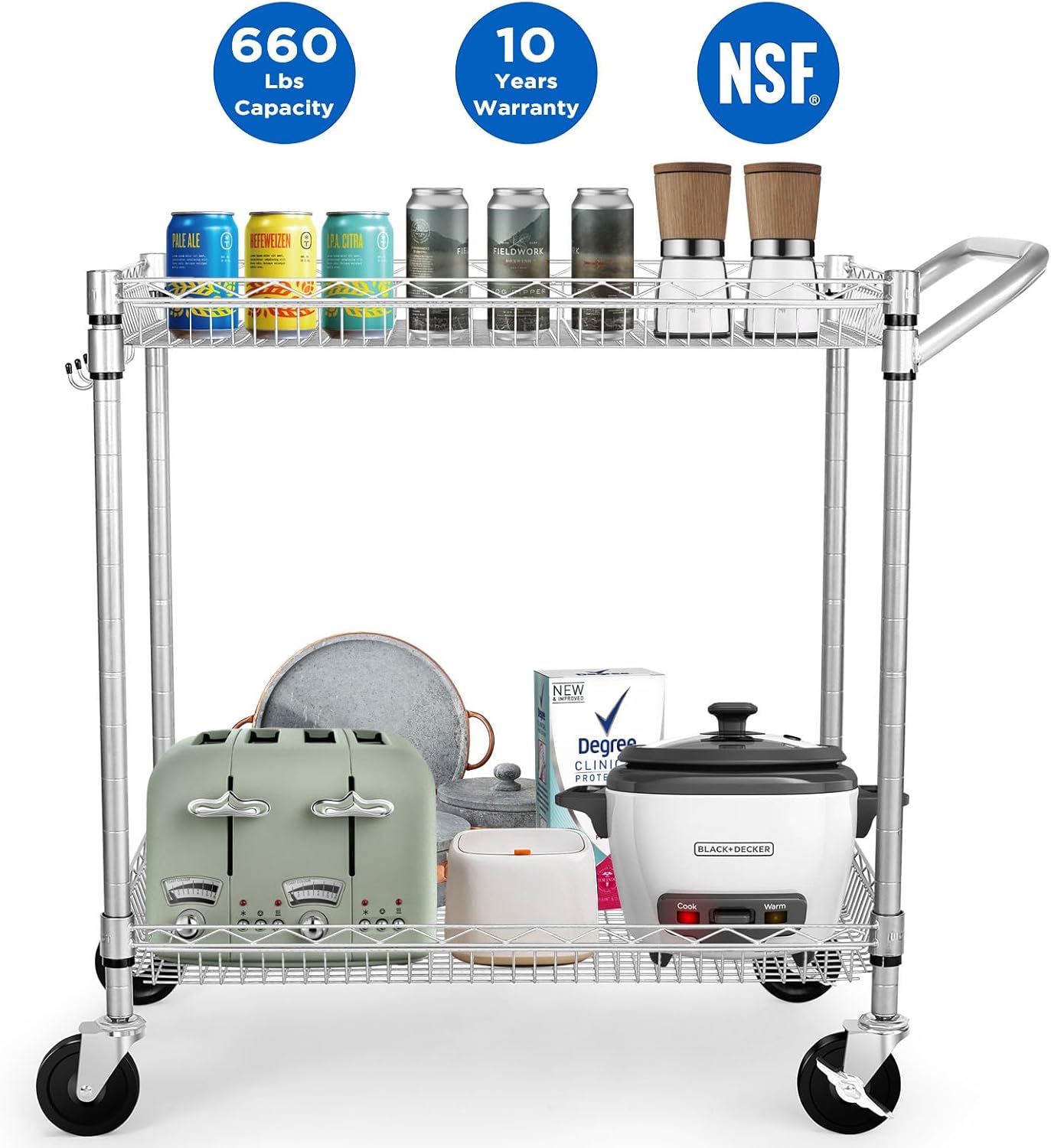 WDT 2 Tier Heavy Duty Utility Cart,NSF Rolling Carts with Wheels,660Lbs Capacity Storage Cart with Handle,Kitchen Cart on Wheels,Commercial Grade Metal Serving Cart with Shelves,35.63"x18.1"x 33.93"