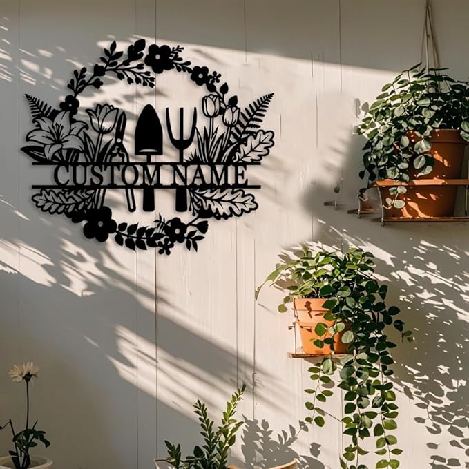 Custom Garden Metal Name Sign,Personalized Garden Tools with Flowers wall art,Gift For Gardener,Outdoor Yard Greenhouse decor style-21