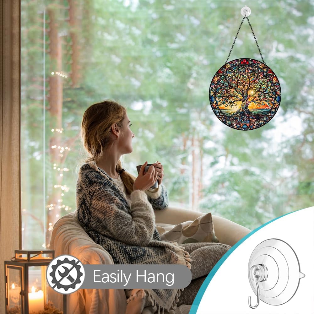 Tree of Life Suncatcher Stained Glass Window Hanging - 8″ Handmade Sun Catchers Indoor Window Catcher Suncatchers for Windows Hanging - Wall Art Home Garden Fall Decor Birthday Gifts for Women Men