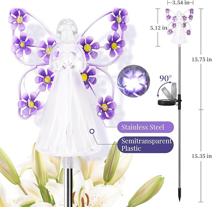 GIGALUMI Solar Angel Garden Stake Lights - 4 Pack Angel Solar Lights Outdoor Garden, Eternal Light Angel with 7 LEDs for Cemetery Grave Decorations, Memorial Gift, Christmas Yard Art, Sympathy Gift