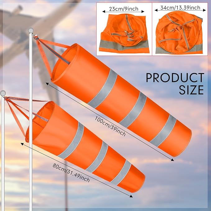 2 Pcs Airport Windsocks Measurement Sock Bag with Reflective Belt Oxford Fabric Ripstop Wind Sock Wind Direction Indicator Windsocks Outdoor Aviation Flag for Airport Farm, 31.5 Inch, 39 Inch(Orange)