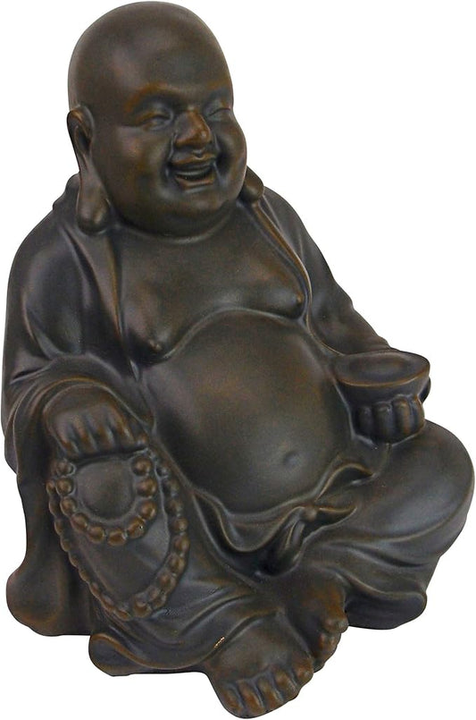 Design Toscano Laughing Asian Man Happy Hotei Garden Statue, Medium, 8 inches wide, 9 inches tall, Cast Stone Resin, Green Bronze Finish