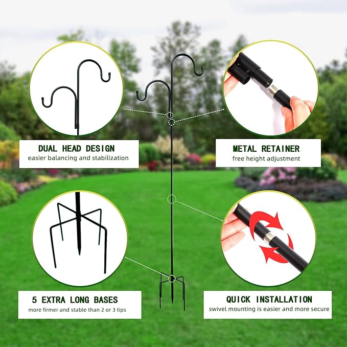 Double Shepherds Hooks for Outdoor, Bird Feeder Pole with 5 Prongs Base, Heavy Duty Garden Hook for Lantern, Wind Chime and Hummingbird Feeder, 45 Inch, 2 Pack