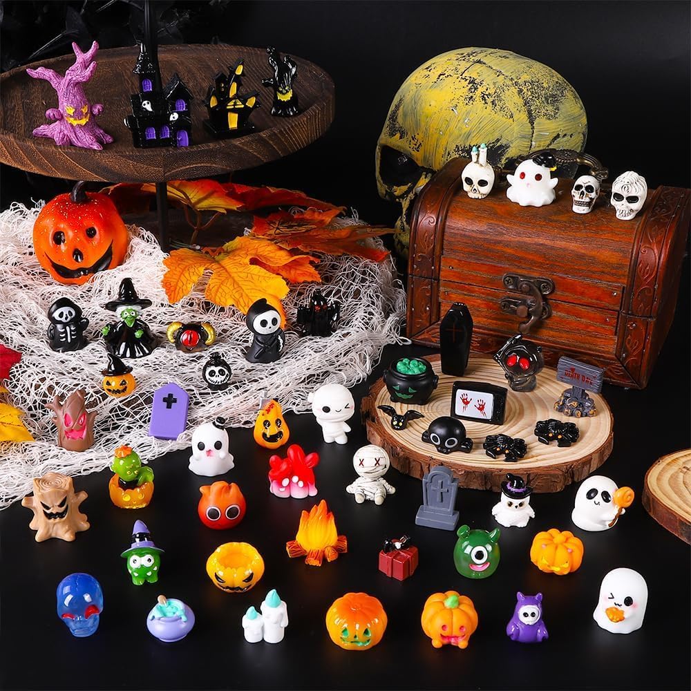87 Pcs Halloween Mini Resin Figures 23 Styles Tiny Resin Animals Pumpkin Ghost Skull Miniatures Bulk for Halloween Party Favors Bag Fillers Garden Dollhouse Decor