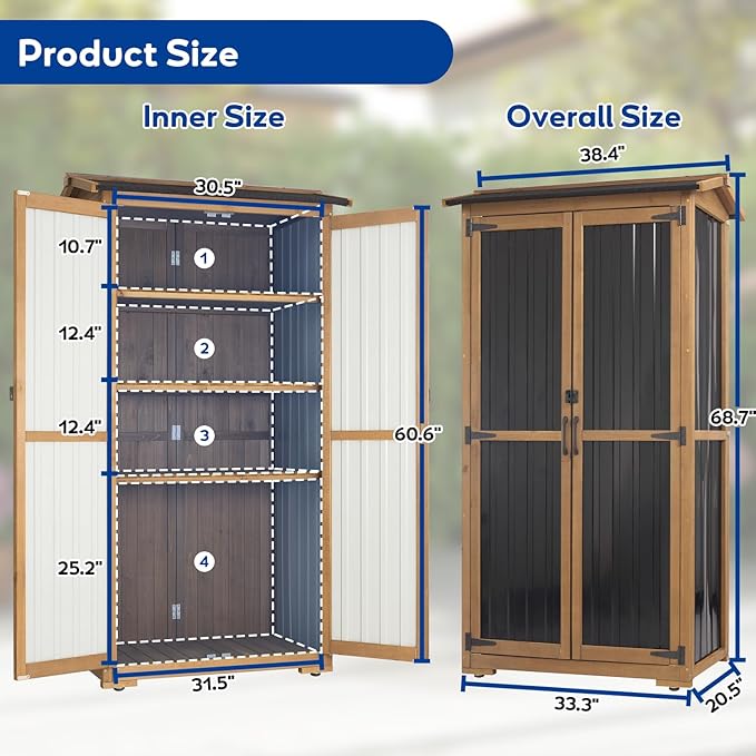 Outdoor Storage Cabinet Weather-Resistant, Wood & Metal Storage Shed with 3 Removable Shelves, Waterproof Roof, Adjustable Feet, Patio Storage Cabinet Outside for Garden Garage Backyard Pool