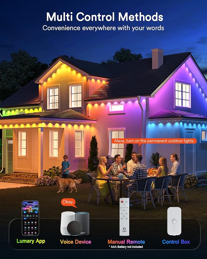 Lumary Permanent Outdoor Lights 2 with Remote, Slide-Base, 150ft with 90 RGBAICW LEDs 5400lm for House Daily & Accent Lighting, DIY 110+ Scene for Christmas Decor, Work with Alexa Google, White