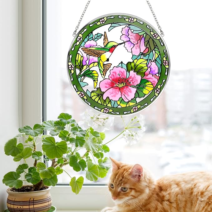 Suncatcher Stained Glass,100% Stained Glass Window Hanging,Hummingbird Sun Catchers Indoor Window Decor,Suncatchers for Windows Hanging, Stained Glass suncatcher Gifts for Women、Christmas (6.5 inch)