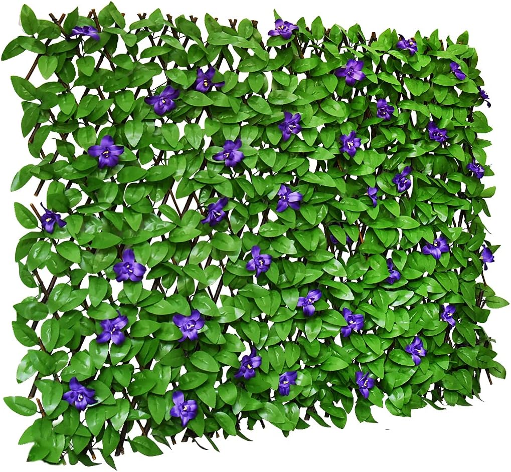 Expandable Fence Privacy Screen for Balcony Patio Outdoor,Decorative Faux Ivy Fencing Panel,Artificial Hedges (Single Sided Leaves) (2, Green Flowers)