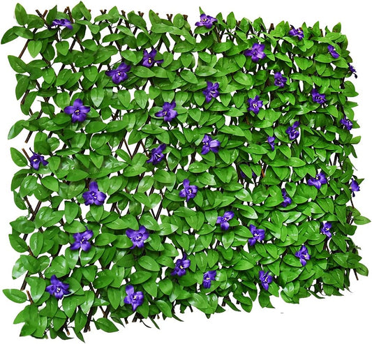 Expandable Fence Privacy Screen for Balcony Patio Outdoor,Decorative Faux Ivy Fencing Panel,Artificial Hedges (Single Sided Leaves) (2, Green Flowers)