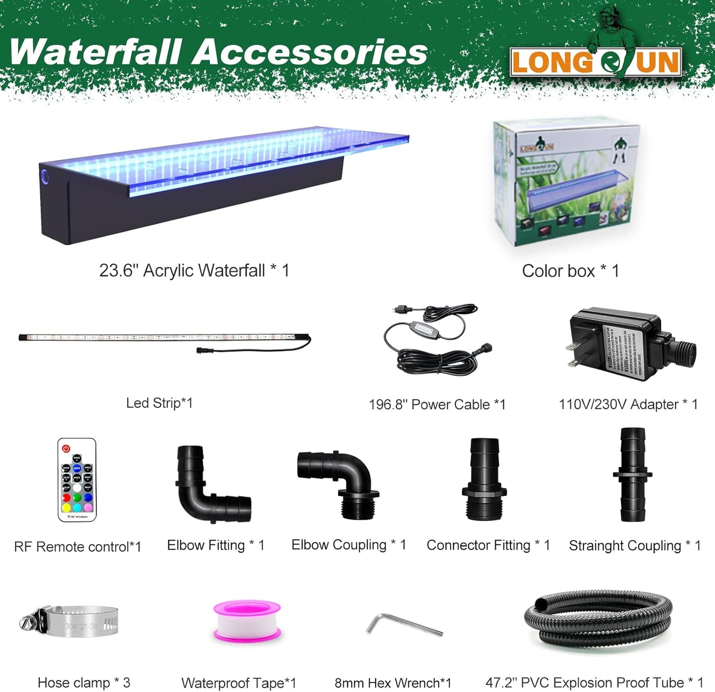 LONGRUN Waterfall Spillway Multi-Color LED Light Outdoor Pool Fountain, Acrylic Water Spillway Koi Pond Waterfalls Fountains Kit for Garden Koi Ponds Patio Swimming Pool Decoration-23.6"