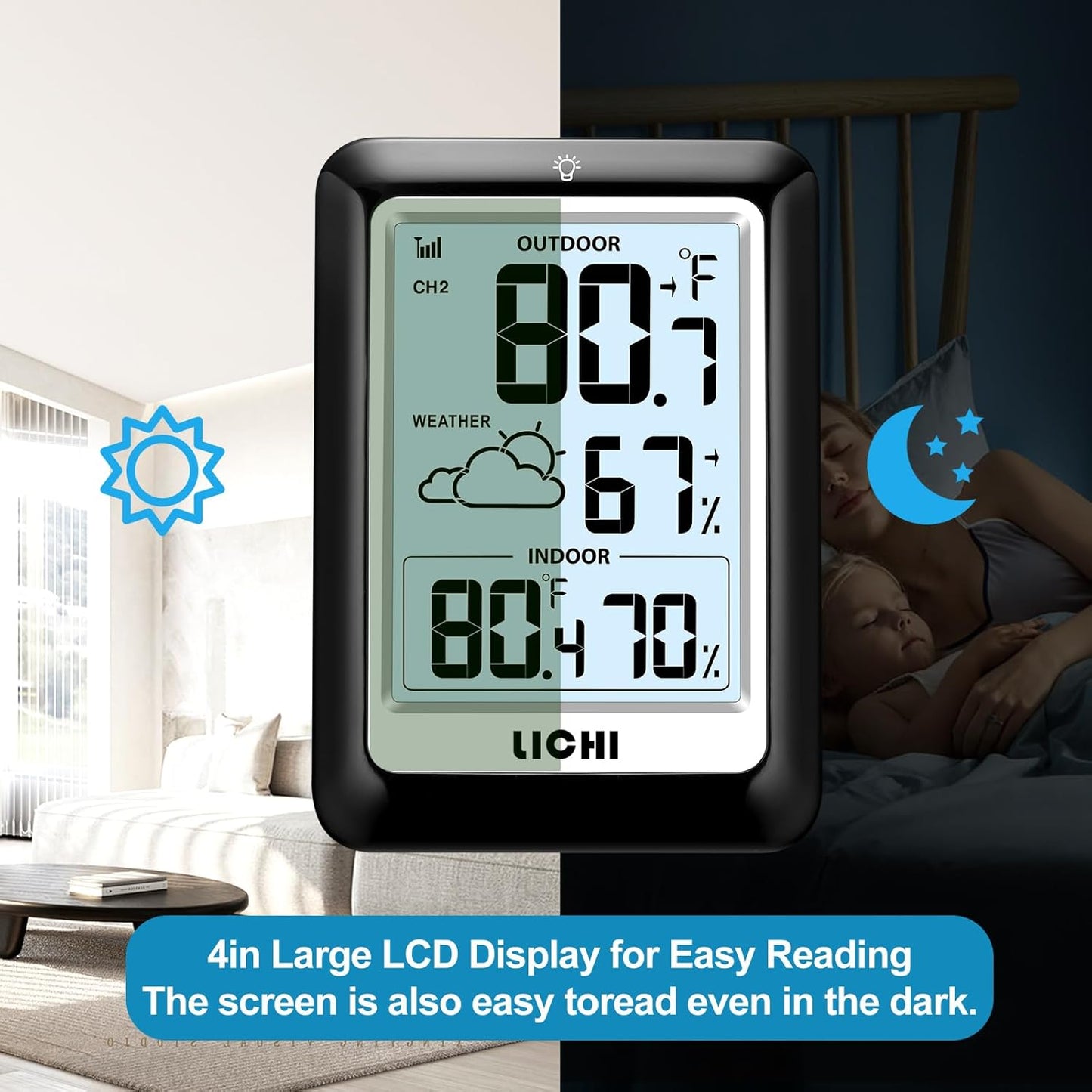 Indoor Outdoor Thermometer Wireless Weather Station, Internal External Thermometer Hygrometer, Home Batteryoperated Temperature Humiditymonitors330 Feet (About 100 Meters) Backlight Display