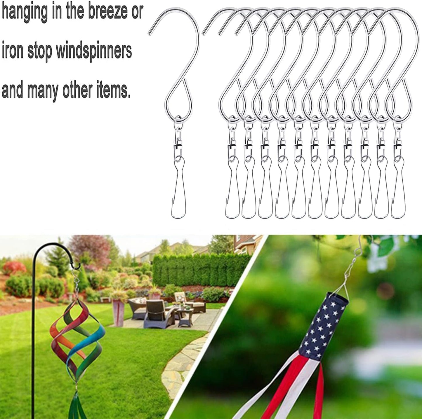 24 Pcs Swivel Clip Hanging Hooks, Stainless Steel 360 Degree Rotating Windsock Clips for Hanging Wind Chimes, Plants, Bird Feeder, Crystal, Birdcage