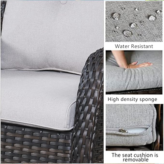 HUMMUH Patio Furniture with Fire Pit 4-Piece Wicker Outdoor Sectional Couch and Swivel Rocking Chairs, Propane Fire Pit Conversation Set for Garden, Backyard, Deck