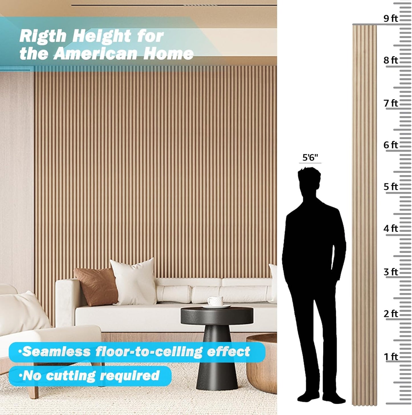 Art3d Fluted Wood Panel for Wall and Ceiling, Beaded Accent molding for Home Decoration, Pack of 4pcs + 1pc End-Trim, Size 108 x 5.7in.- Beaded Ashtree