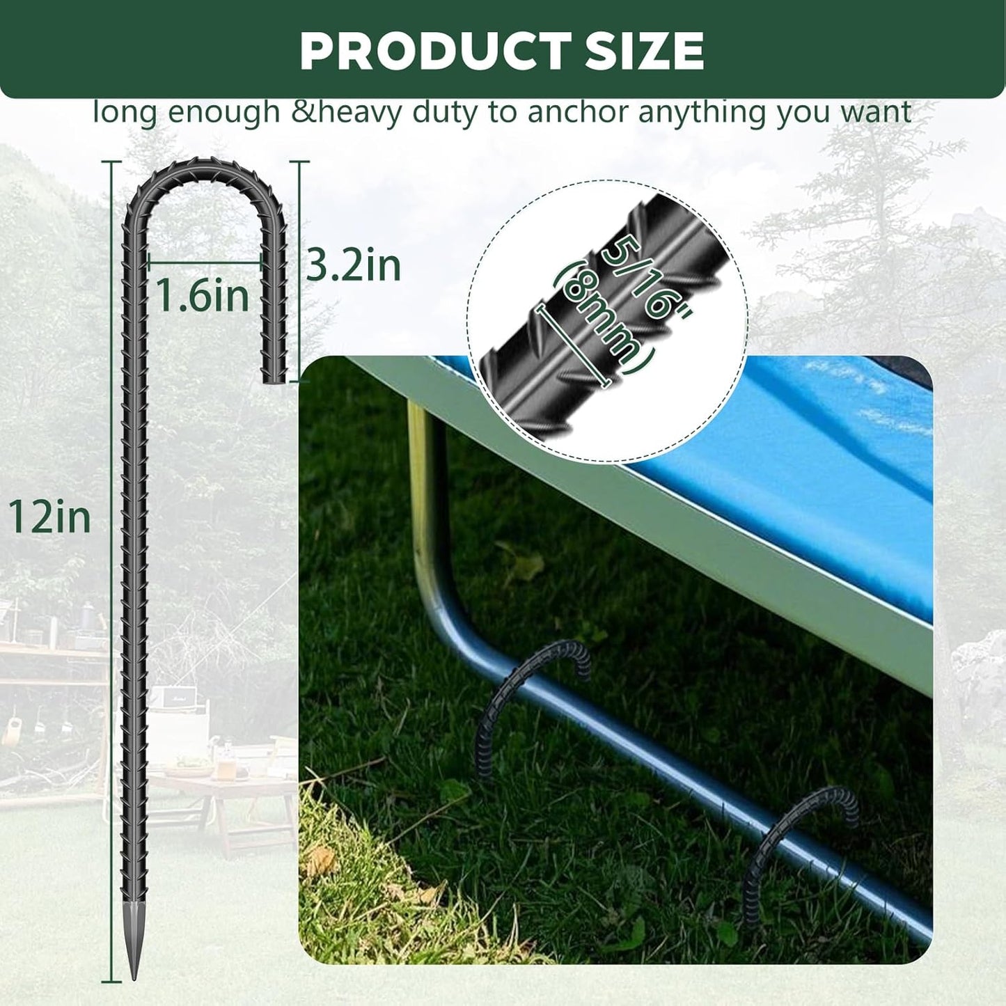 10 Pieces 12 Inch Long 5/16 Inch Diameter Rebar Tent Stakes Heavy Duty, Ground Anchors,Rebar Yard Fence Metal Lawn Bounce House Stakes Heavy Duty, Chain Link Fence J Hooks for Garden Wire Fencing