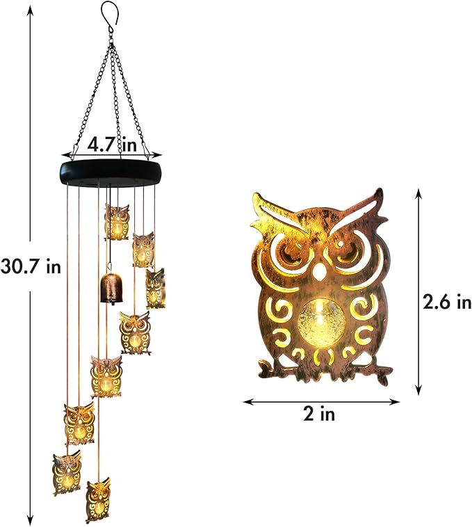 8 LED Solar Upgrade Owl Wind Chimes Outdoor,Mom Gifts for Mothers Day Grandma Wife Gift Solar Owl Wind Chimes for Outside,Hanging Lights Warm LED,Outdoor Owl Decor Christmas
