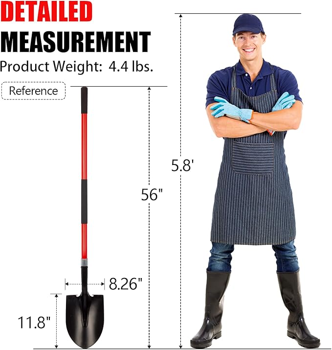 VNIMTI Heavy Duty Gardening Shovel, 56 Inch Round Blade with Fiberglass Handle (Red)