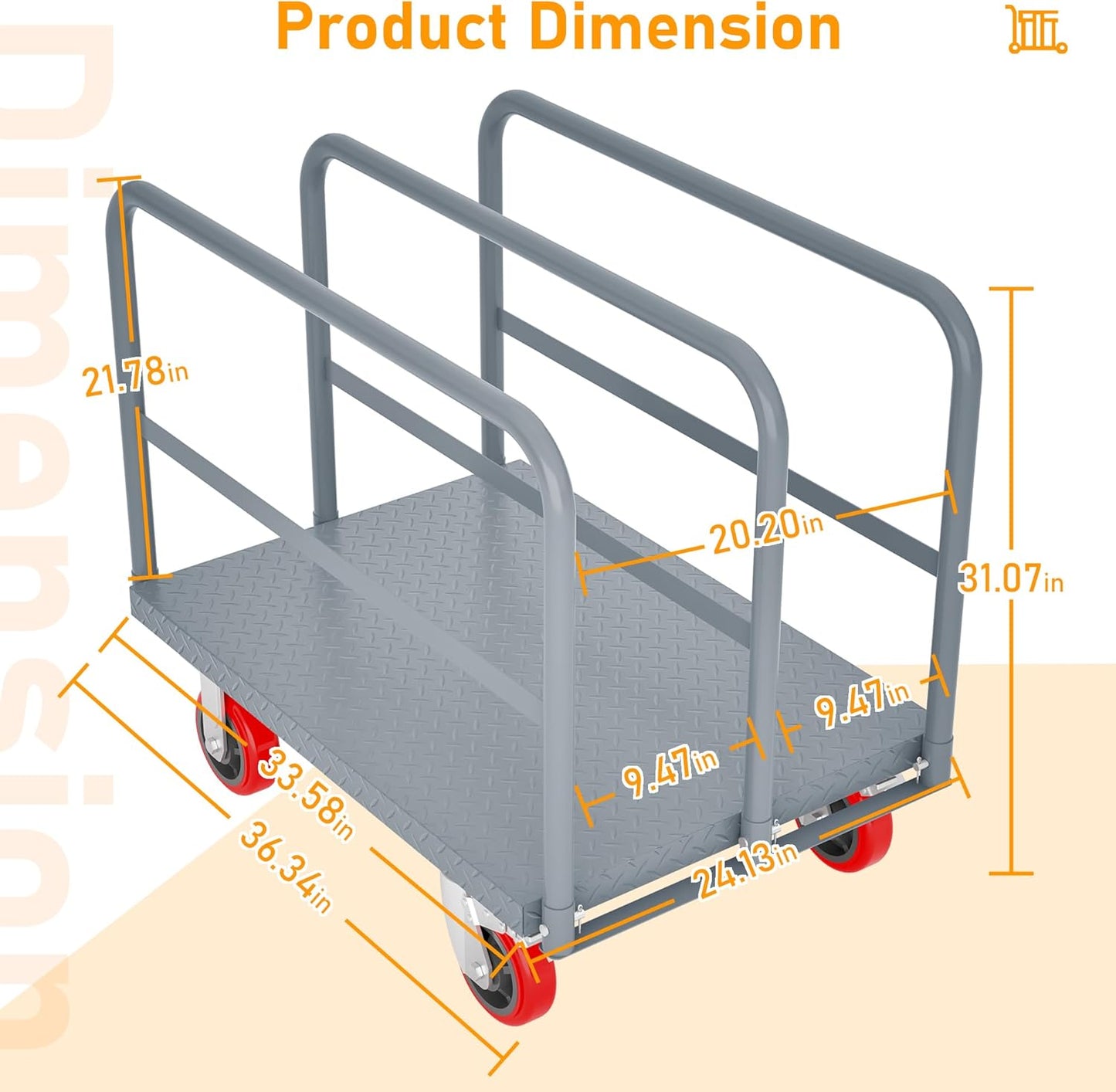 2 in 1 Panel Truck, 2000 LBS Panel Dolly Cart with 6" Swivel Casters and 36" x 24" Deck, Heavy-Duty Drywall Sheet Cart, Handling Wall Panel, Lumber for Garage, Warehouse (9.47 in (3 Side Handrails))