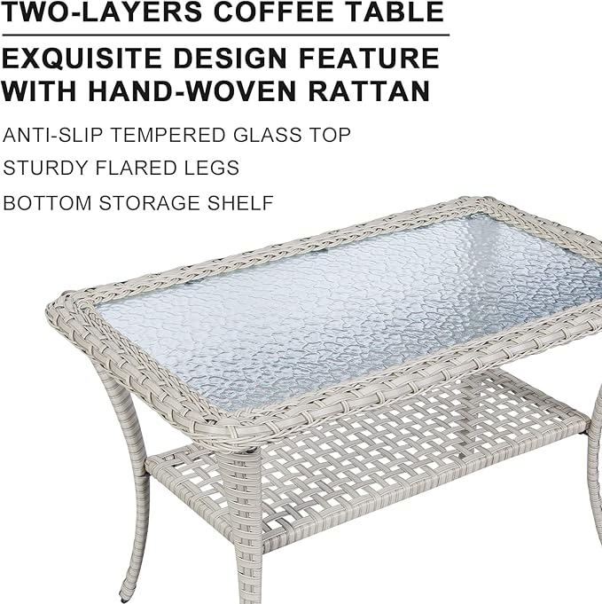 HUMMUH 4-Piece Patio Furniture Wicker Outdoor Conversation Set,All-Weather Rattan Outdoor Bistro Set with Loveseat Chairs Coffee Table for Backyard,Poolside,Deck