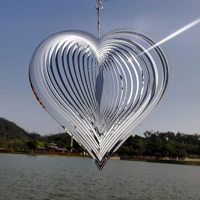 DJUAN Wind Spinner Outdoor Metal Decorations,Silver Heart Wind Spinners for Yard and Garden,Stainless Steel Wind Chimes for Outside Decor,Birthday Gifts for Mom,Mother's Day,Aunt Gifts