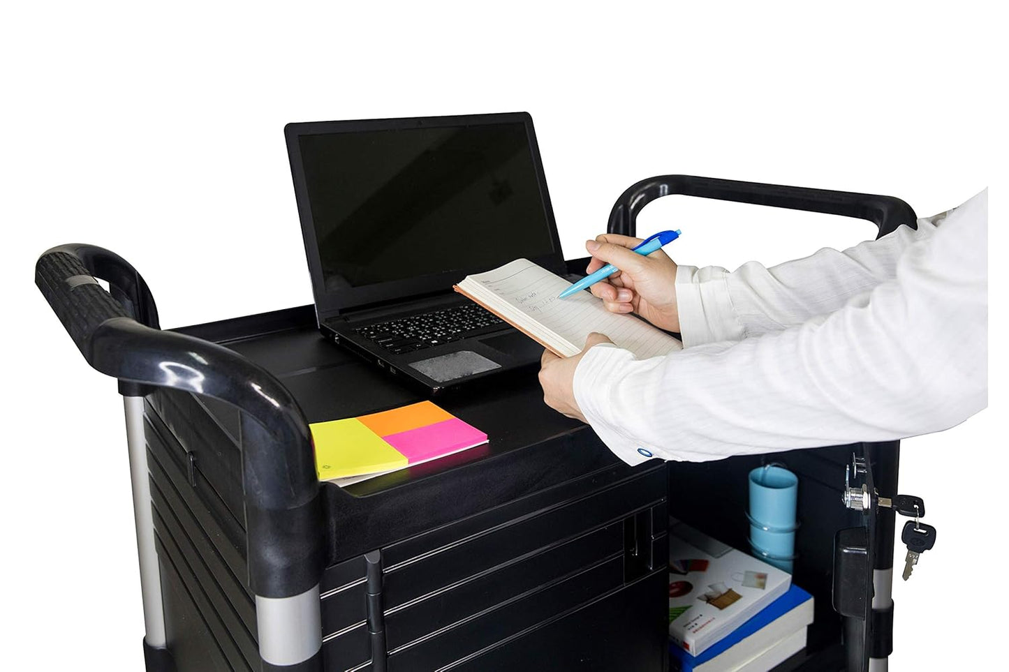 JaboEquip Double Lockable Door Medical Cart [ JaboEquip ] Cabinet Utility Cart with 2 Lockable Doors for Hospitality School Lab cart Service Cart, L34.43xD19.69 inch JABO cart, Black