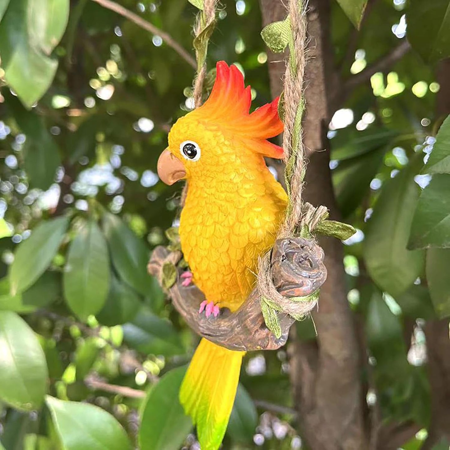 Resin Parrot Hanging Garden Decor Swing Figurine Ornaments, Outdoor Hanging Bird Sculpture Decor Perfect for Patio, Lawn, Gardens, Balconies, Indoor and Outdoor Spaces Yellow & Green Tail