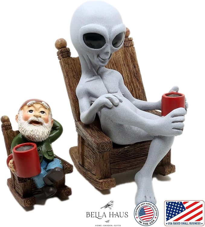 Andre' & Fritz | Celebrating Friendship with a Morning Cup of Coffee | Whimsical Extraterrestrial Outdoor Decor | Garden Statue 2pc Resin Set 6.25”/ 3.50” Tall (Coffee with Friends)