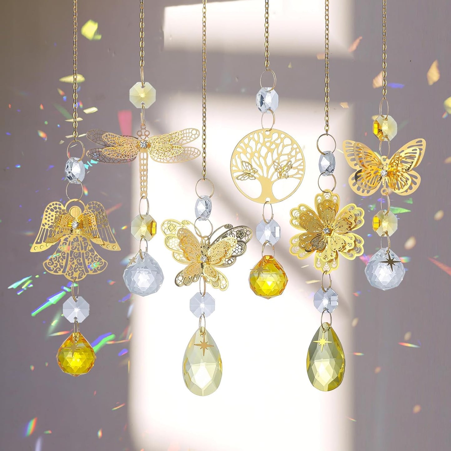 6pcs Yellow Crystal Suncatchers for Window Hanging Ornaments Garden Sun Catchers with Crystals Rainbow Maker Indoor Outdoor Decor