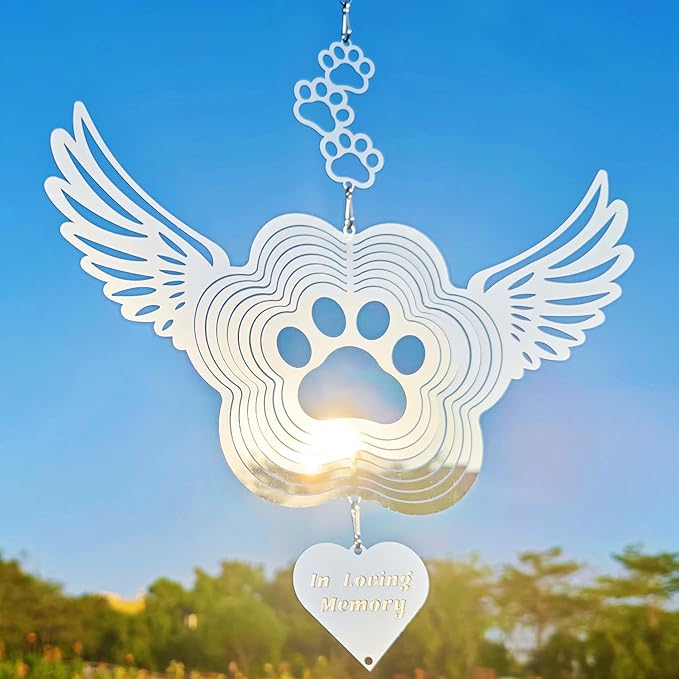 DJUAN Pet Memorial Wind Spinners, Dog Memorial Gifts,Stainless Steel Angel Wings Pet Paw Print,Dogs and Cats Remembrance, Pet Sympathy,Pet Loss Bereavement Gifts