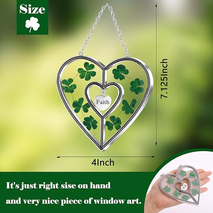 KY&BOSAM Shamrock Heart Suncatcher Faith Suncatcher St Patrick's Day Decoration Grandma Gifts for Windows Hangings Wind Chime with Pressed Flower Gifts for Mom Mother`s Day Valentine's