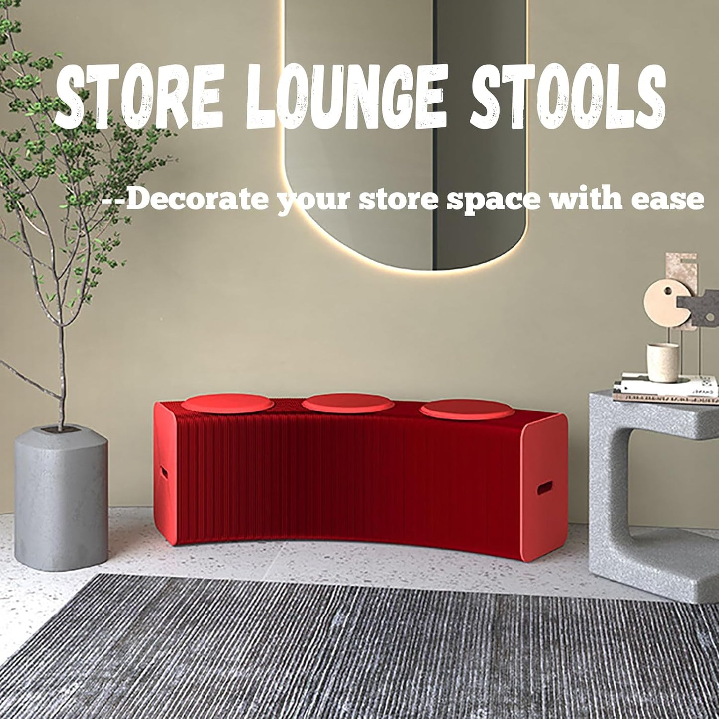 Foldable Kraft Paper Stool, Honeycomb Accordion Folding Bench, Collapsible Paper Stool for Small Spaces, Portable Footrest and Side Table for Living Room and Office,Red-44×31×150cm