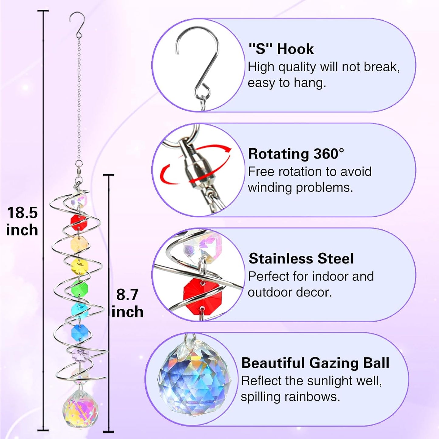 Suncatcher Wind Spinner Gazing Ball Spiral Tail, Crystal Sun Catchers with Seven Chakra Beads Window Hanging for Indoor Home Outdoor Garden Decor Wedding Birthday Party Gifts for Girl Women Mom