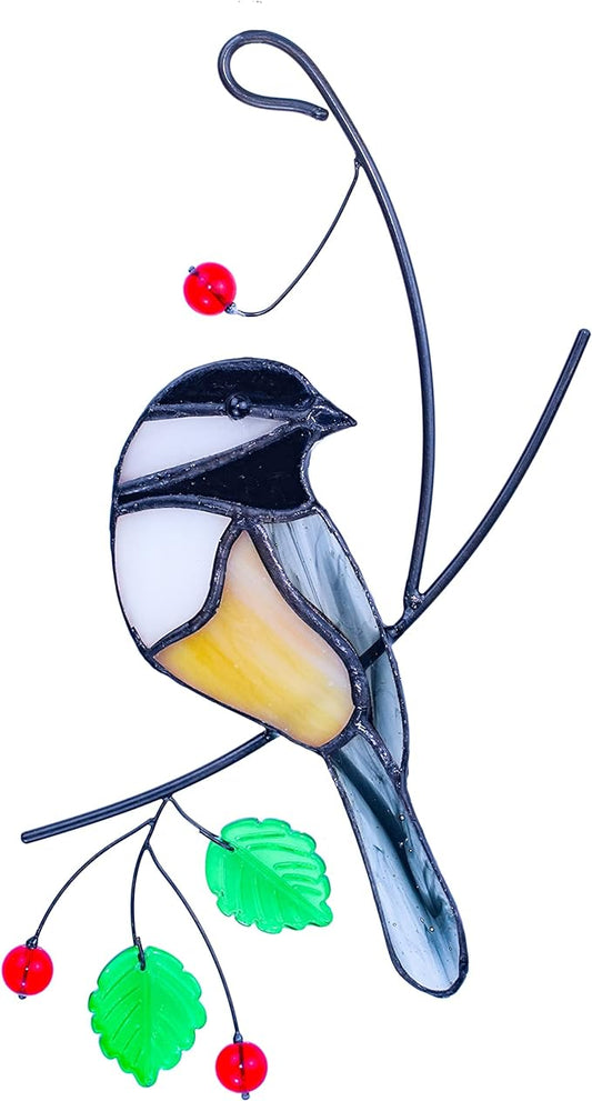 Lolitarcrafts Chickadee Stained Glass Suncatcher Bird Stained Glass Window Hangings for Window Decoration