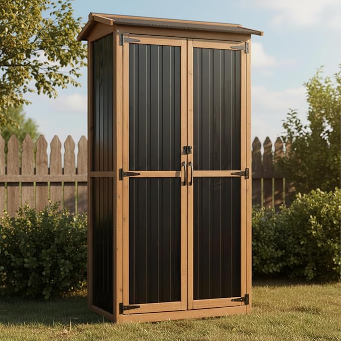 Outdoor Storage Cabinet Weather-Resistant, Wood & Metal Storage Shed with 3 Removable Shelves, Waterproof Roof, Adjustable Feet, Patio Storage Cabinet Outside for Garden Garage Backyard Pool