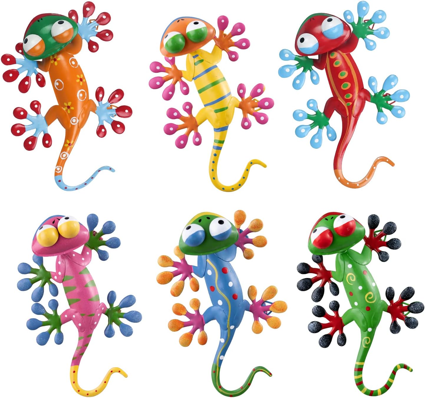 hogardeck Metal Gecko Outdoor Wall Decor, 6 Pack Lizard Wall Art Garden Sculptures & Statues with Free-adjustable Head Outdoor Spring Decor for Front Yard Fence Patio