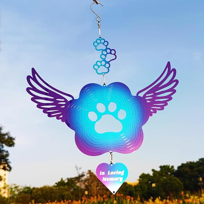 DJUAN Pet Memorial Wind Spinners, Cat Memorial Gifts,Stainless Steel Angel Wings Pet Paw Print,Dogs and Cats Remembrance, Pet Sympathy,Pet Loss Bereavement Gifts