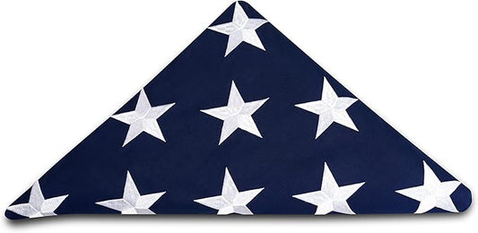 This Folded Memorial Flag American US Cotton Flag 5x9.5 FT Premium 100% Cotton For Veteran, Embroidered Stars, Sewn Stripes, 4 Rows of Lock Stitching, Brass Grommets USA Burial Casket Flags
