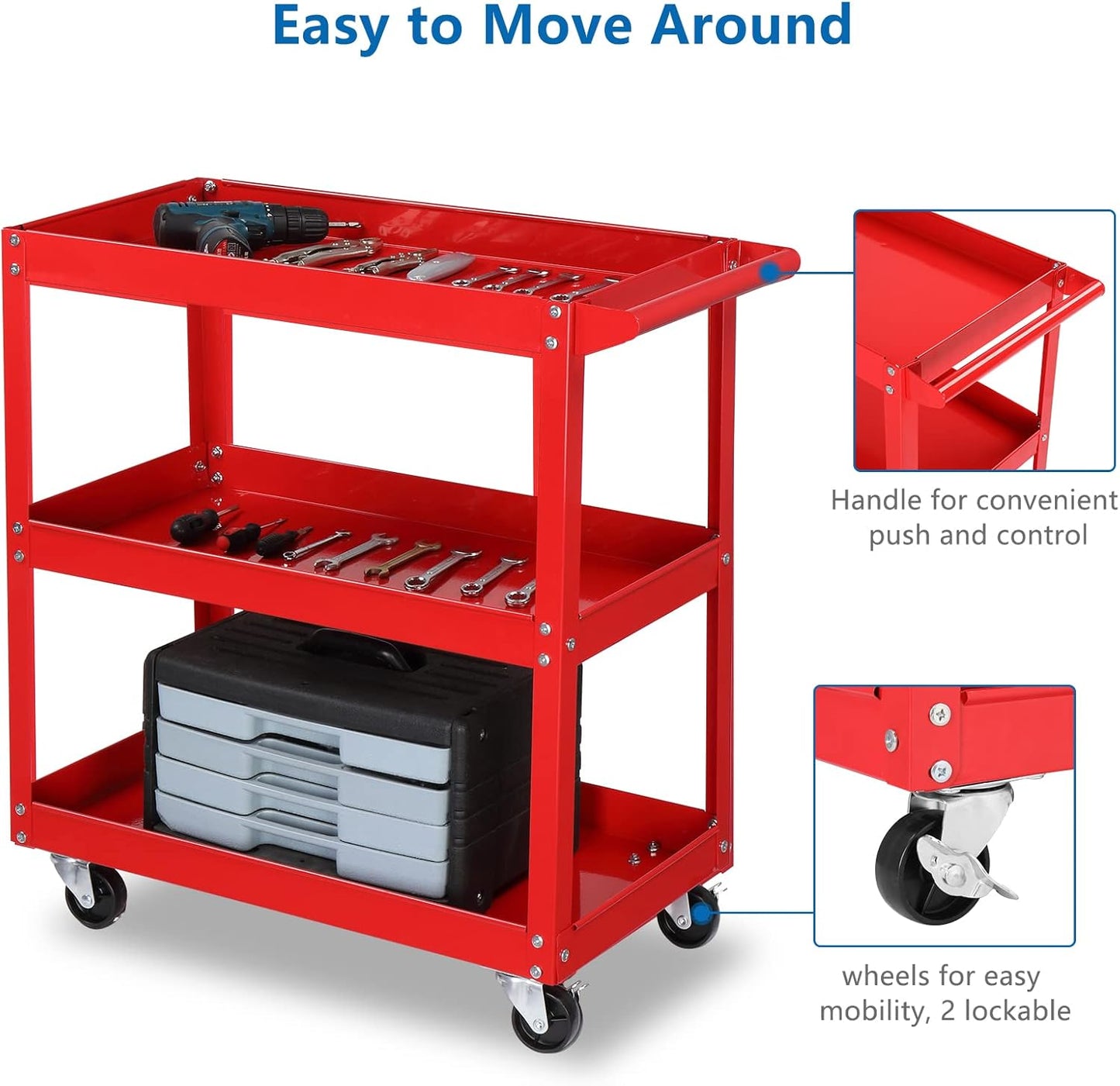 TUFFIOM 3 Tier Rolling Tool Cart, 330 Lbs Capacity, Red, 3 Shelves Steel Utility Cart for Garage, Workshop, Warehouse & Repair Shop