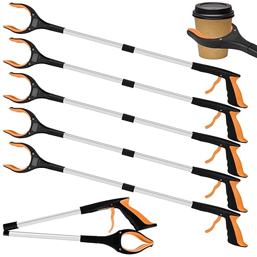 6 Pack 32 Inch Commercial Trash Grabber for Elderly Assist, Heavy Duty Lightweight Reacher with Ergonomic Handle & Non-Slip Grip, Multi-Use Outdoor Home Garden Cleanup Mobility Aid Tool