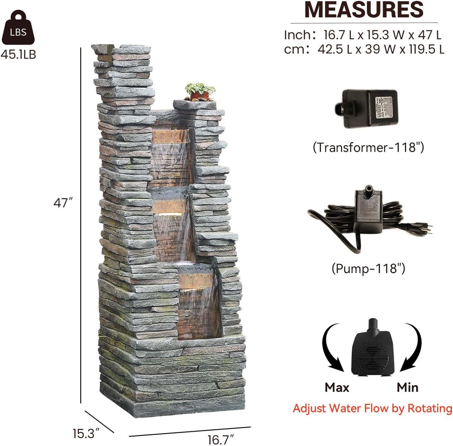 47" H Garden Water Fountain Outdoor with LED Lights & Pump, 3-Tier Cascading Outdoor Fountain for Garden,Patio,Porch,Backyard,Home Art Decor (Gray)