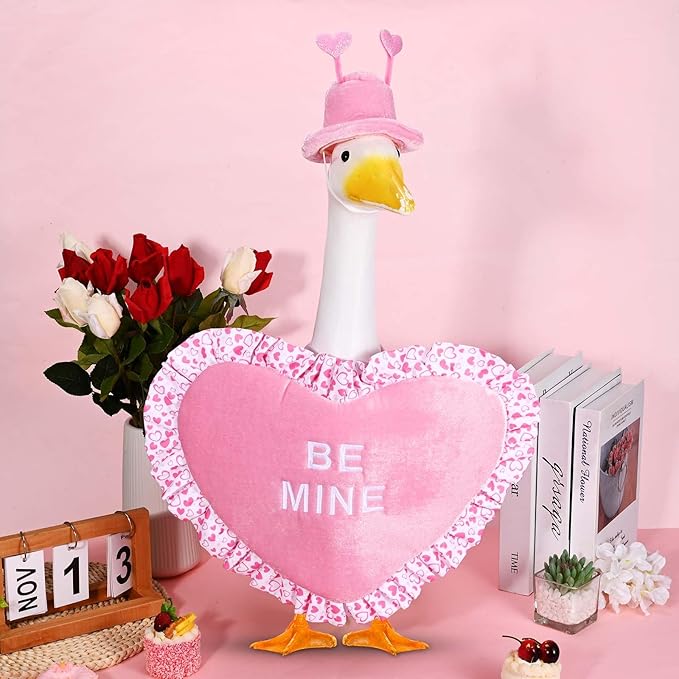 Valentine Goose Outfits Pink Heart Porch Goose Outfit Lawn Porch Goose Clothes Fits 23" Cement Plastic Goose Statue for Valentine's Day Outdoor Garden Yard Patio Art Decor (Pink)