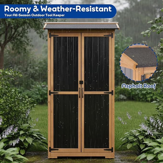 Outdoor Storage Cabinet Weather-Resistant, Wood & Metal Storage Shed with 3 Removable Shelves, Waterproof Roof, Adjustable Feet, Patio Storage Cabinet Outside for Garden Garage Backyard Pool