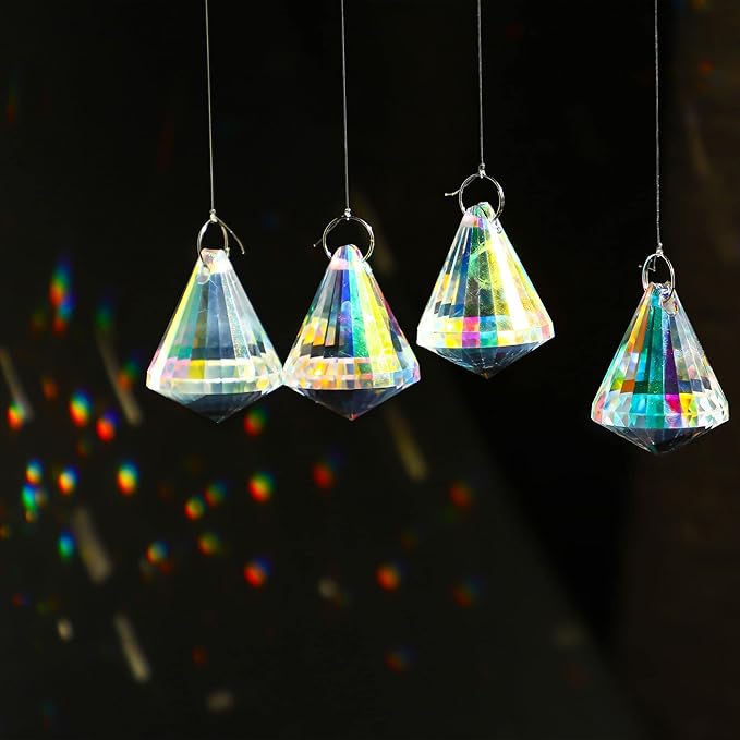 HDCRYSTALGIFTS 12pcs 38mm Crystal Faceted Prisms Suncatchers for Window Hanging AB Colored Crystals Diamond Prisms Sun Catchers Home Garden Christmas Ornament