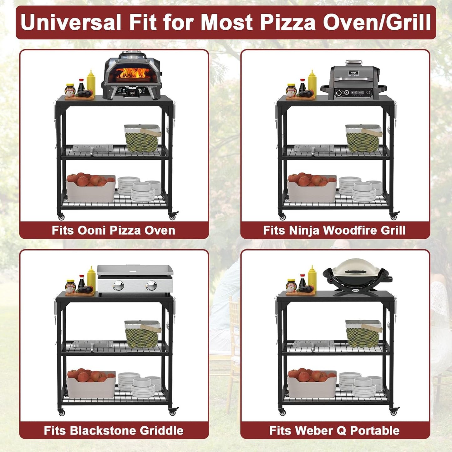 Stainless Steel Pizza Oven Table Cart with Wheels, 3-Shelf Outdoor Grill Stand for Ooni, Blackstone, Ninja Woodfire, Cuisinart and Most Grill – Portable Movable Food Prep Cart & Topping Station