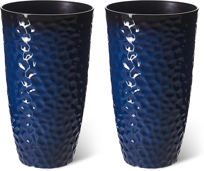 Glitzhome Set of 2 Tall Plastic Planters 23.75"H Eco-Friendly Honeycomb Textured Outdoor Indoor Garden Pots for Porch Patio, Large Modern Deck Plant Container with Easy Knock-out Drainage Holes, Blue