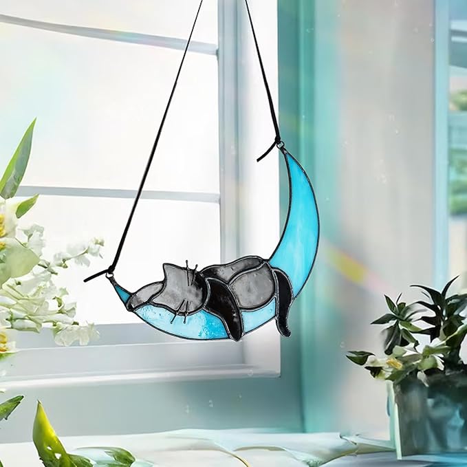HDCRYSTALGIFTS Black Cat Decor Suncatcher Stained Glass Window Hanging,Handcrafted Kitty Decor Funny for Cat Lovers,Home Decoration for Window Patio Office Living Room Wall