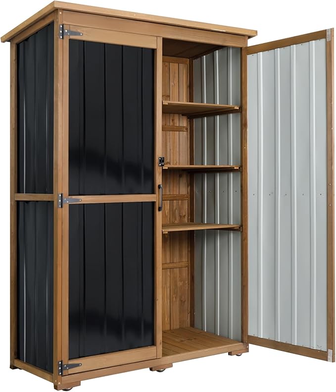 46" L Large Outdoor Storage Cabinet with Shelves, Wood & Metal Storage Shed Weather-Resistant, Outside Storage Cabinet for Garage Patio Backyard Garden with Waterproof Roof