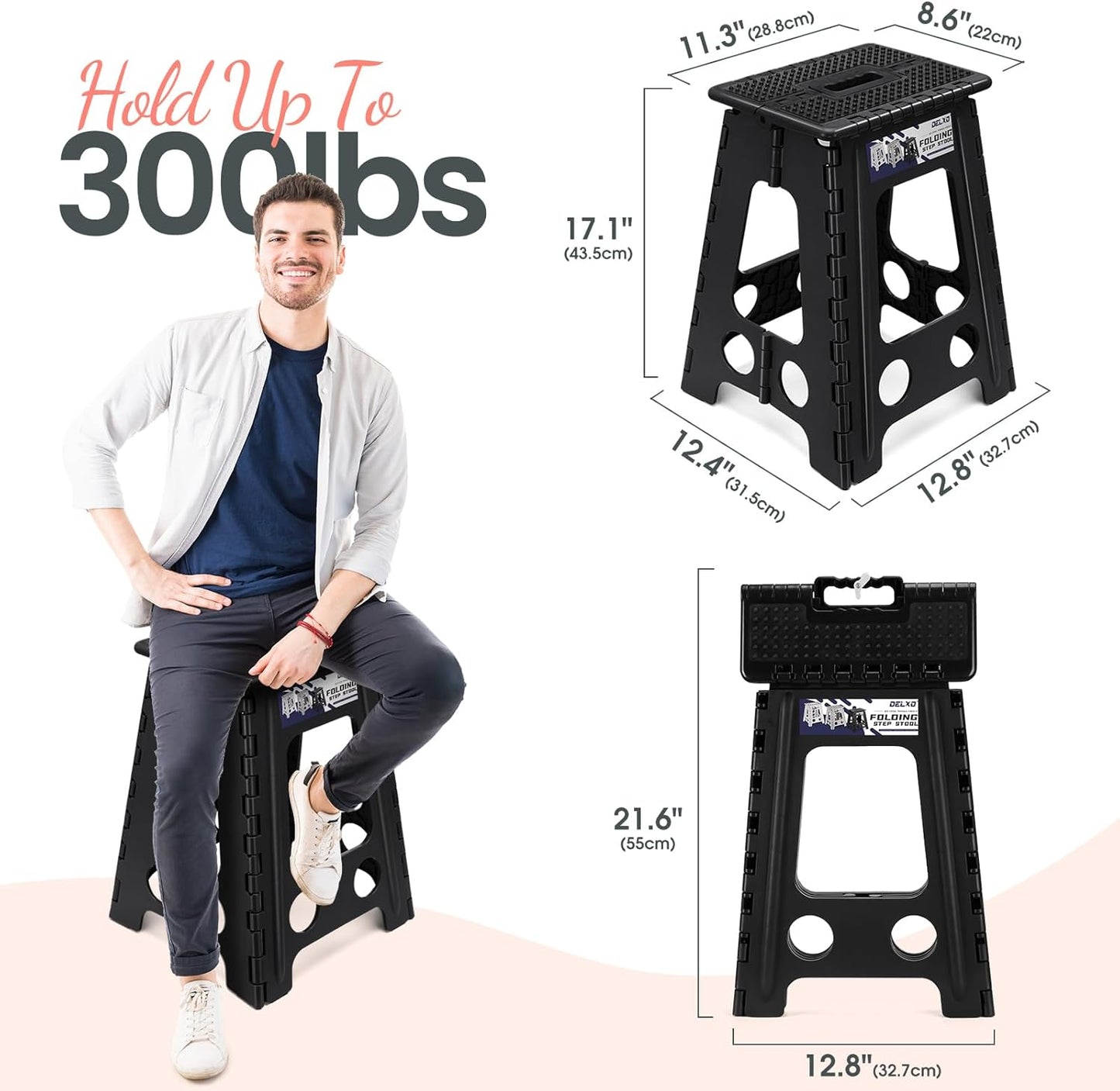 Delxo Folding Step Stool 17.5 Inch Non-Slip Foldable Stools for Kids & Adults Up to 300 LBS Kitchen Collapsible Fold Up Stepping Stool with Dotted 1 Pack Black