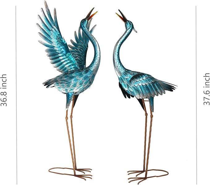 chisheen Crane Garden Statues Outdoor Metal Heron Yard Art Crane for Garden Sculptures Patio Lawn Ornaments,Set of 2